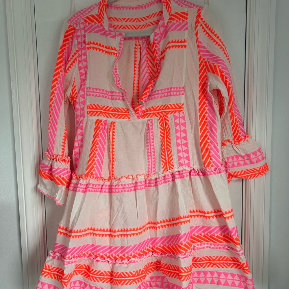Neon Pink & Orange Patterned Cotton Tunic Dress Size S